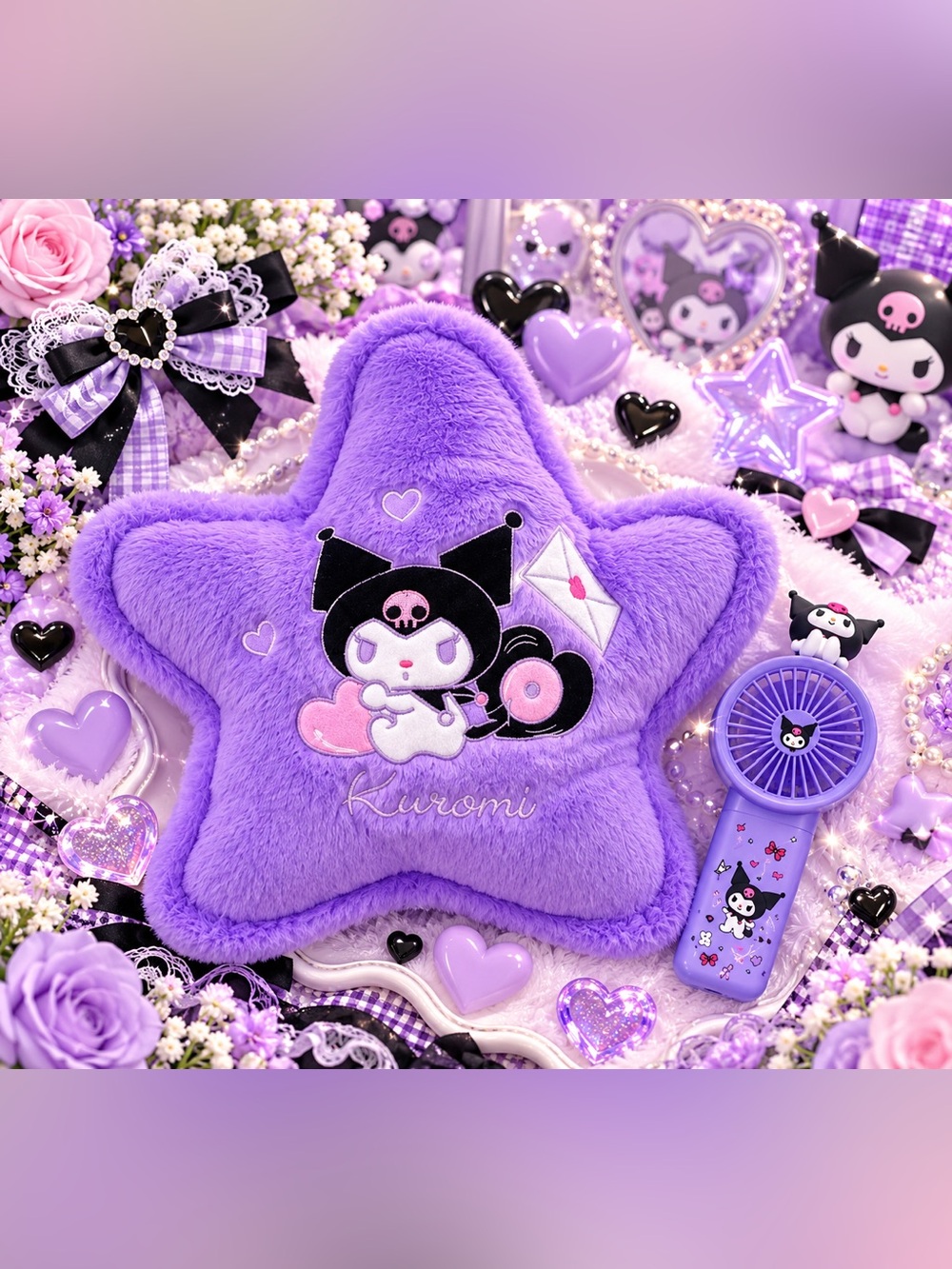 NWOT Sanrio Kuromi Star Accent Pillow and Mini Fan Bundle